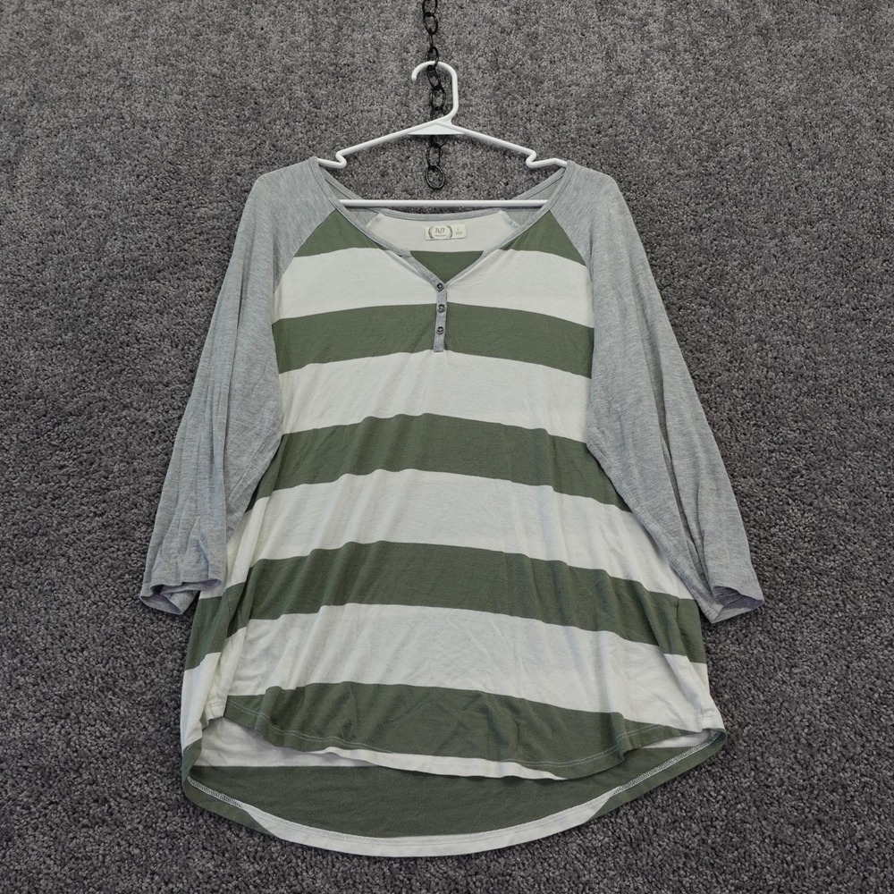 Maurices 24/7 Henley Top Womens Large Green Striped Raglan Sleeve Casual T-Shirt